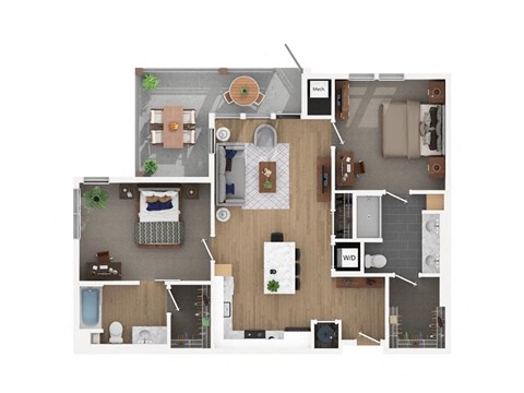 Floor plan for 2 beds, 2 baths, 1169 sqft